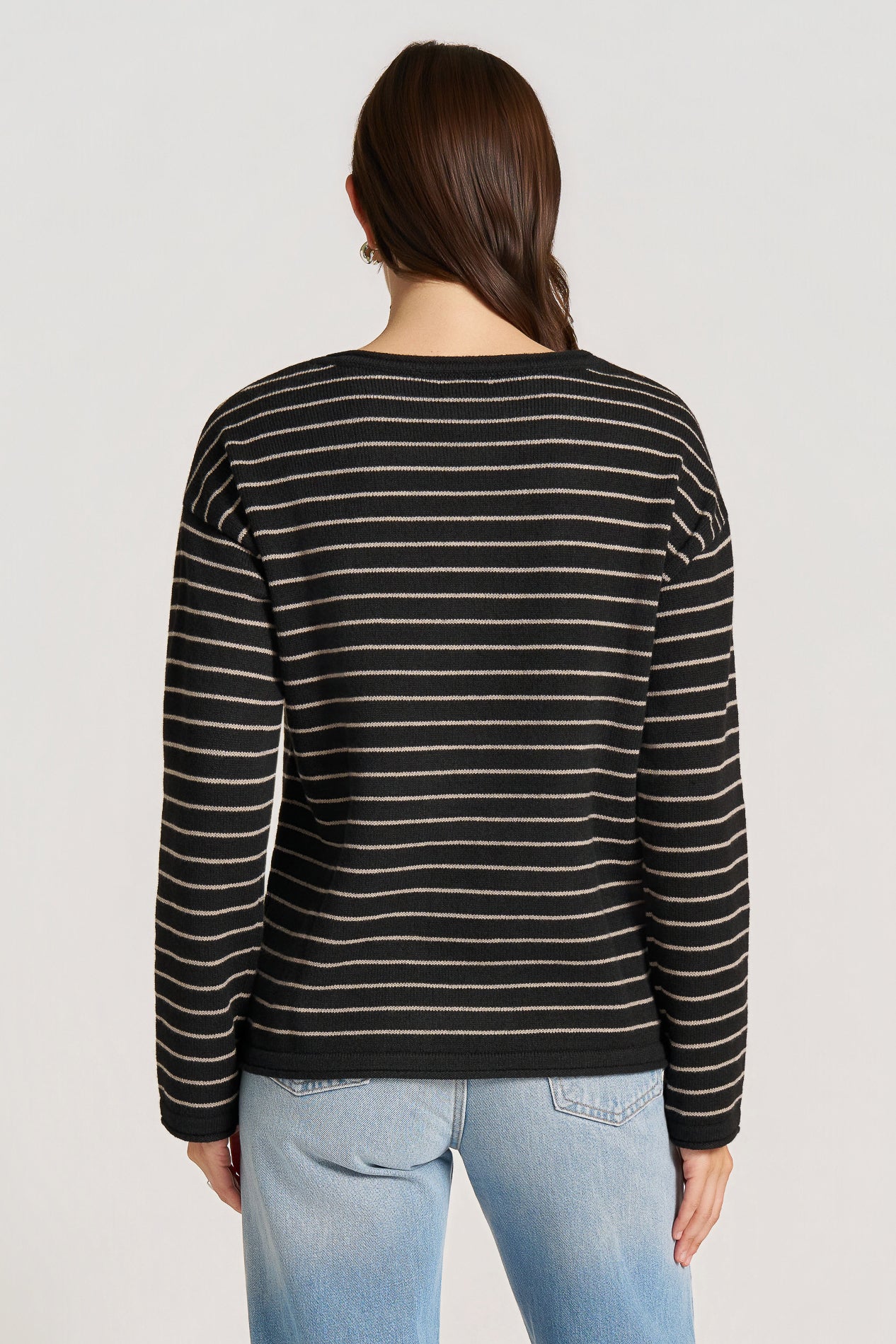 STRIPE BOAT NECK SWEATER - BLACK/TAUPE