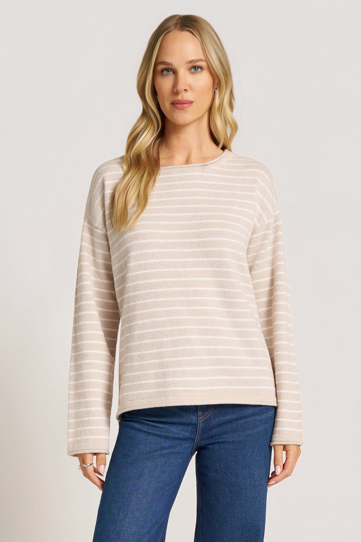 STRIPE BOAT NECK SWEATER - TAUPE/IVORY