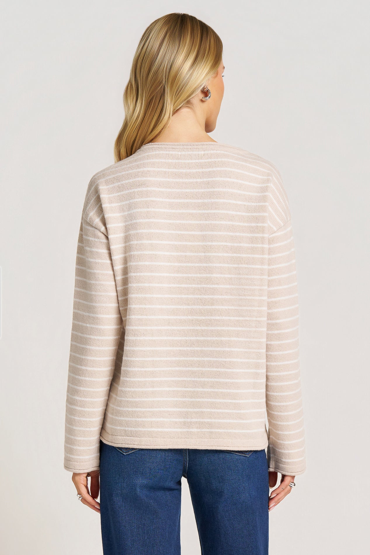 STRIPE BOAT NECK SWEATER - TAUPE/IVORY