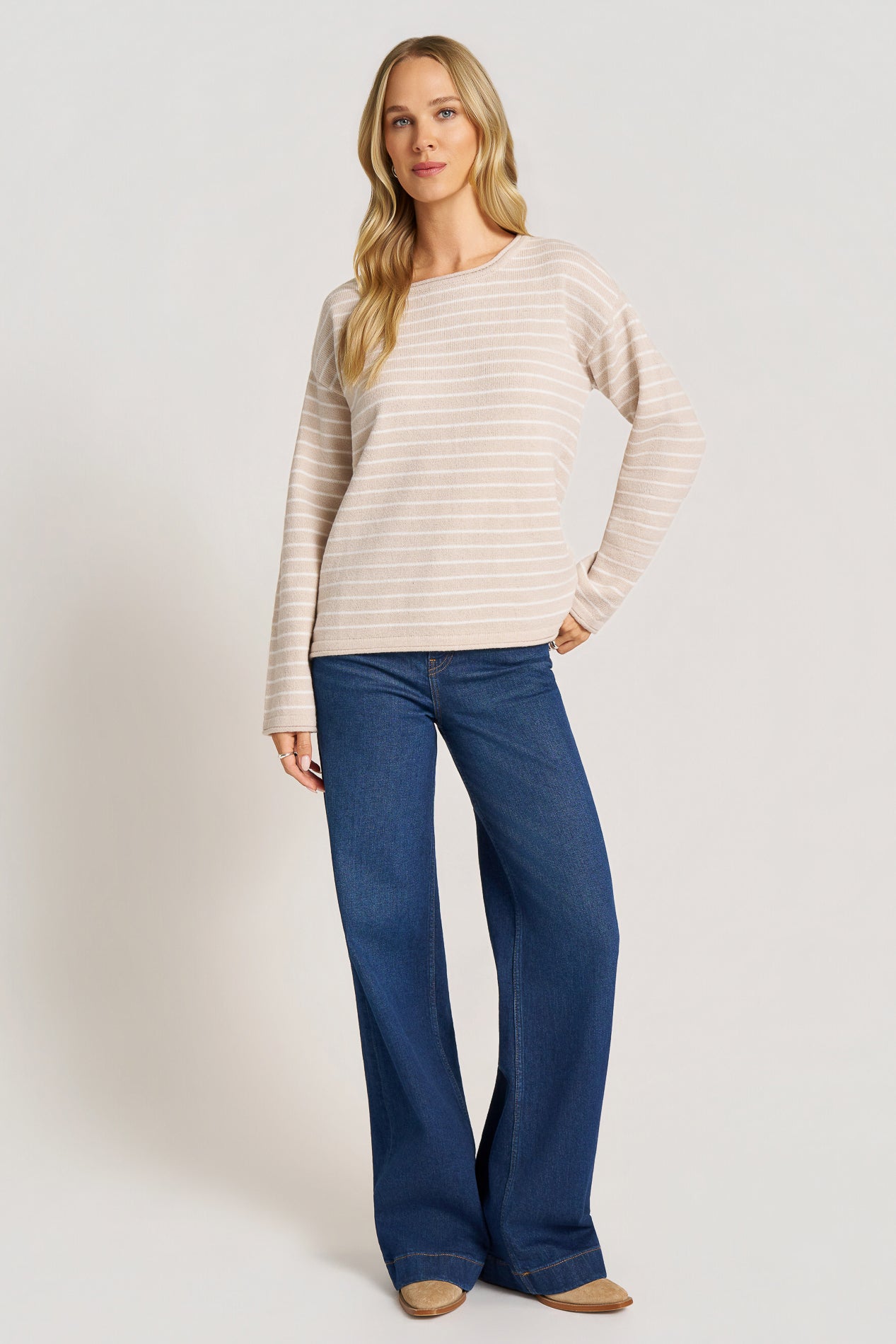 STRIPE BOAT NECK SWEATER - TAUPE/IVORY