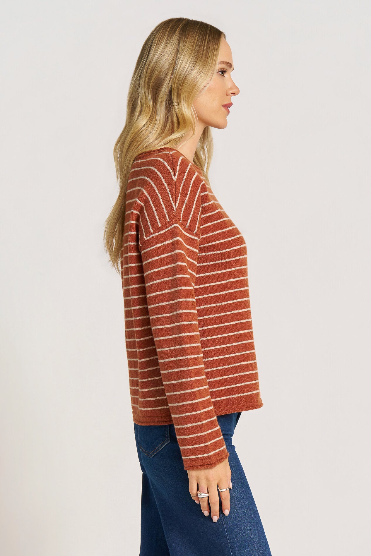 STRIPE BOAT NECK SWEATER - TERRACOTTA/TOAS
