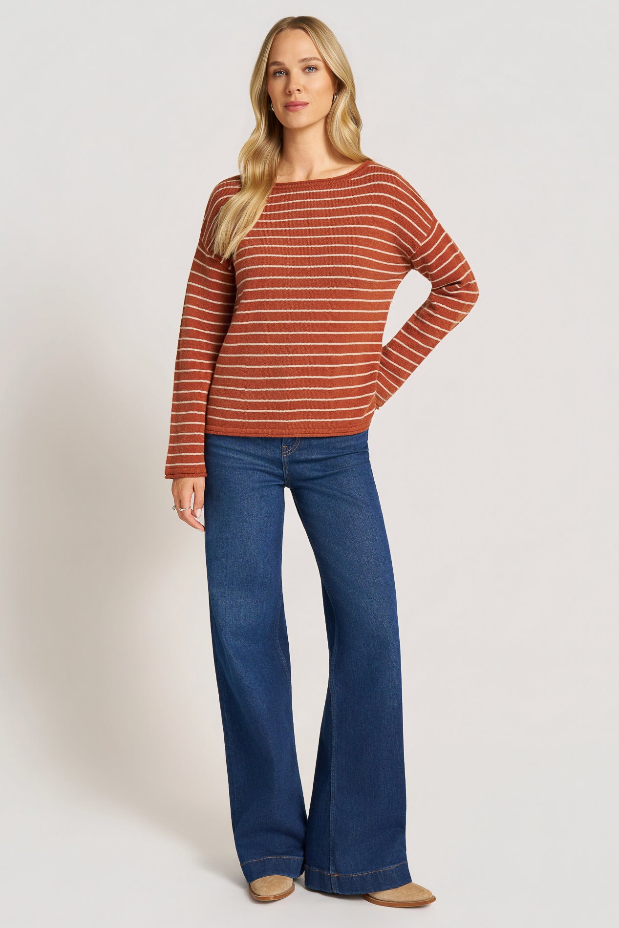 STRIPE BOAT NECK SWEATER - TERRACOTTA/TOAS