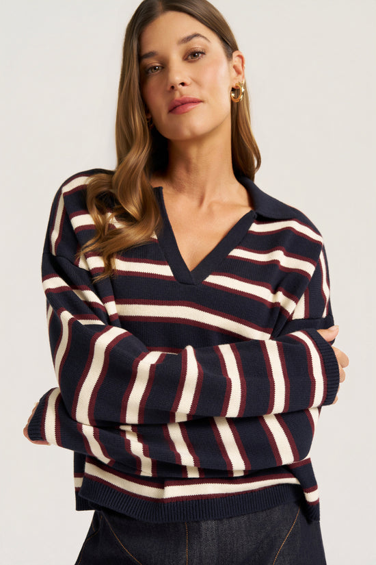 BREY STRIPED HENLEY SWEATER - NAVY/WINE