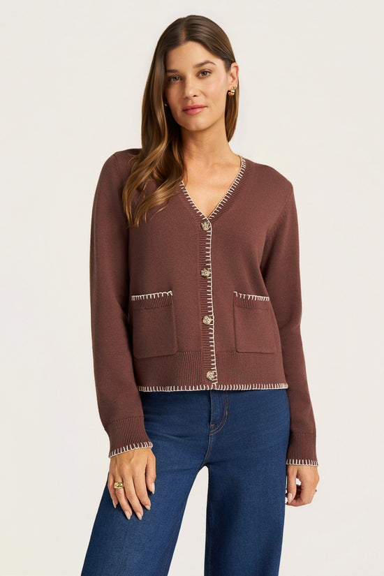 VIANNEY L/S BUTTON FRONT WHIP STITCH CARDIGAN - MOCHA/IVORY
