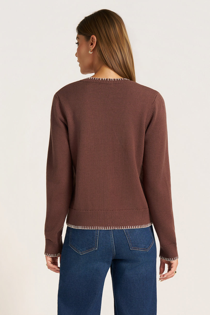 VIANNEY L/S BUTTON FRONT WHIP STITCH CARDIGAN - MOCHA/IVORY