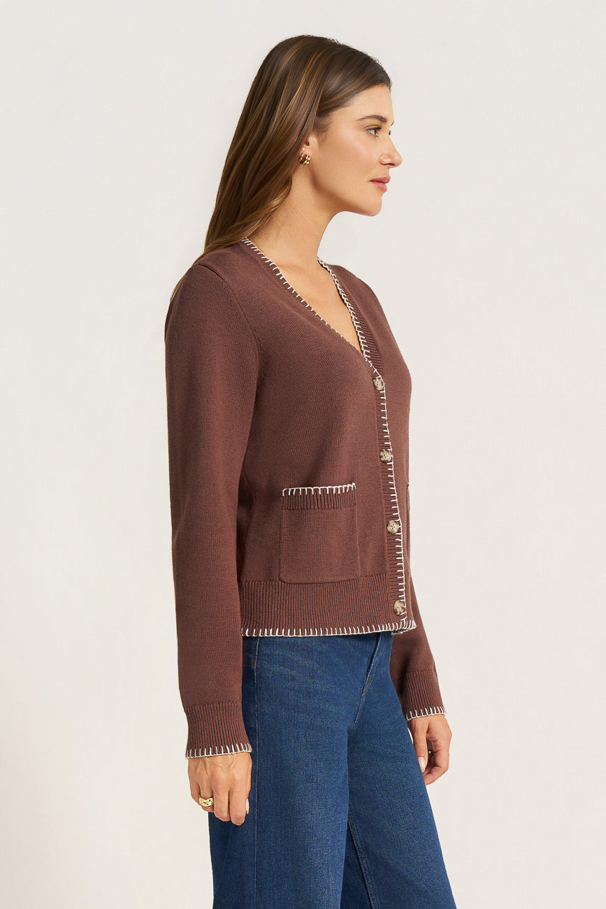 VIANNEY L/S BUTTON FRONT WHIP STITCH CARDIGAN - MOCHA/IVORY