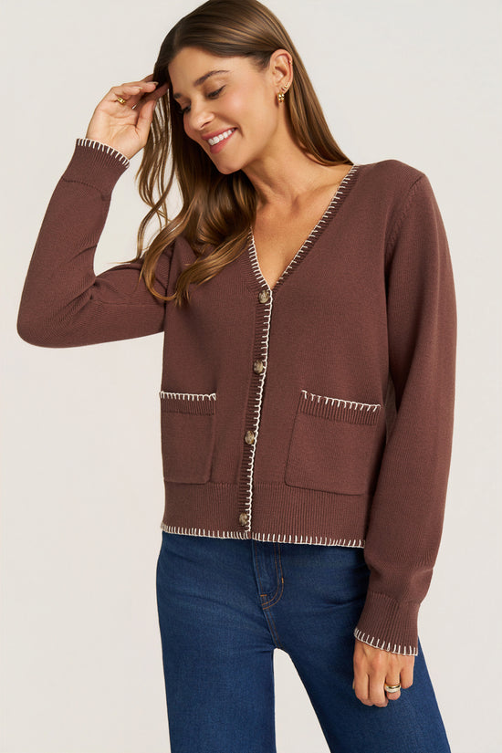 VIANNEY L/S BUTTON FRONT WHIP STITCH CARDIGAN - MOCHA/IVORY
