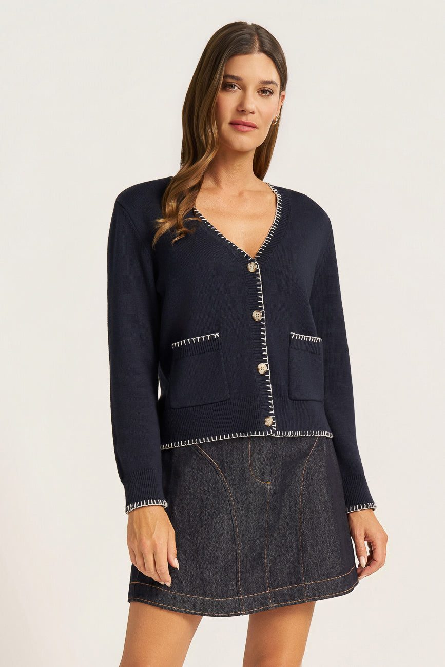 VIANNEY L/S BUTTON FRONT WHIP STITCH CARDIGAN - NAVY/VELLUM