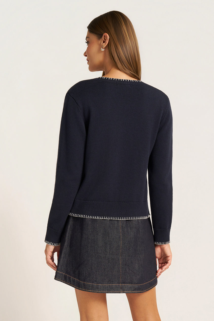 VIANNEY L/S BUTTON FRONT WHIP STITCH CARDIGAN - NAVY/VELLUM