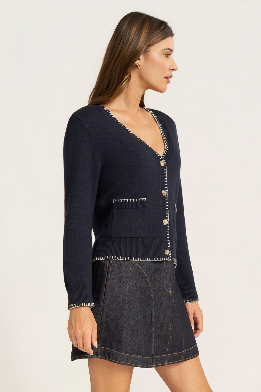 VIANNEY L/S BUTTON FRONT WHIP STITCH CARDIGAN - NAVY/VELLUM