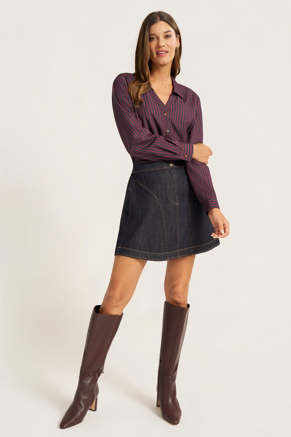 CLOVER BUTTON FRONT BLOUSE - NAVY/WINE