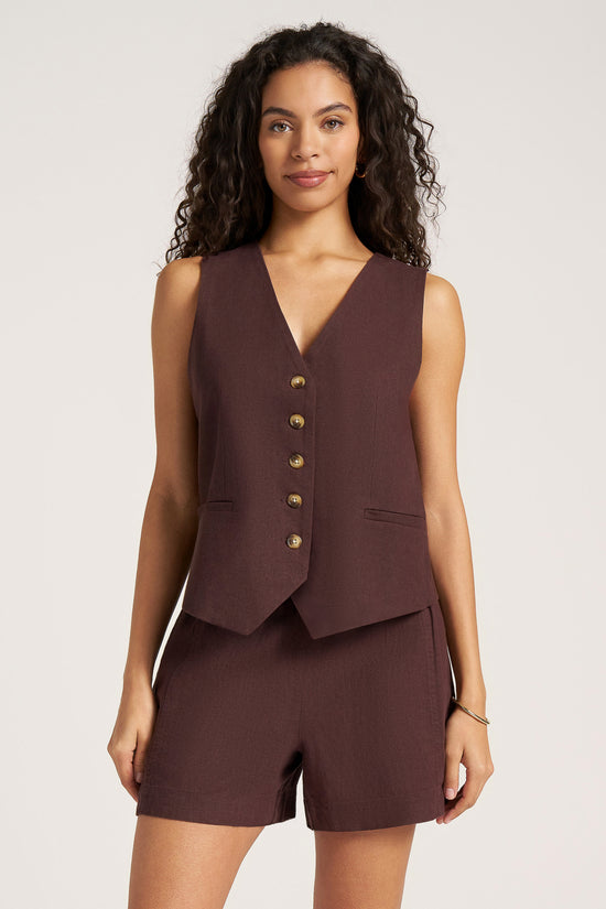 DAVENPORT LINEN BLEND VEST - CHOCOLATE