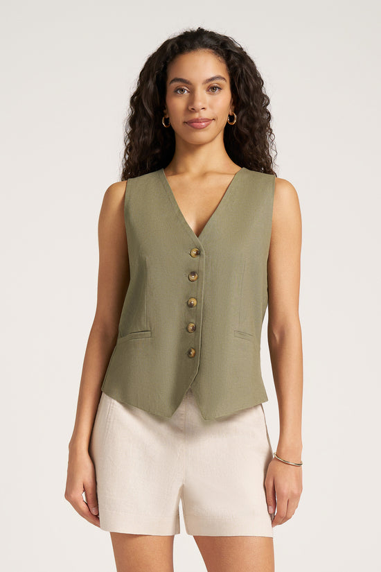 DAVENPORT LINEN BLEND VEST - OLIVE