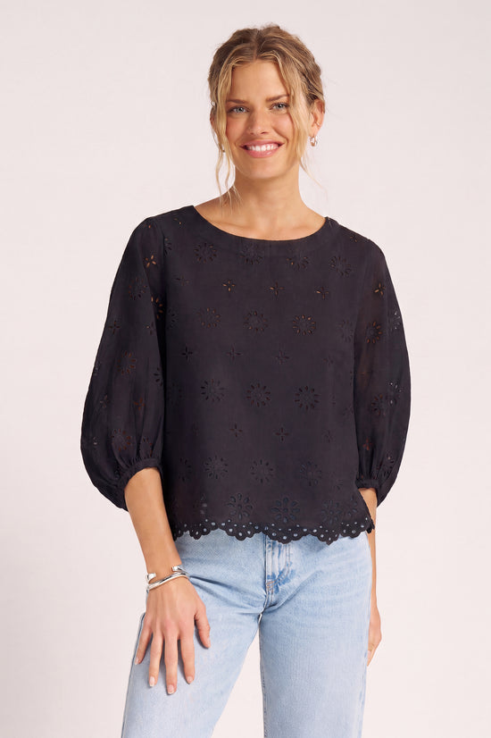 KASHIRA EYELET PUFF SLEEVE TOP - BLACK