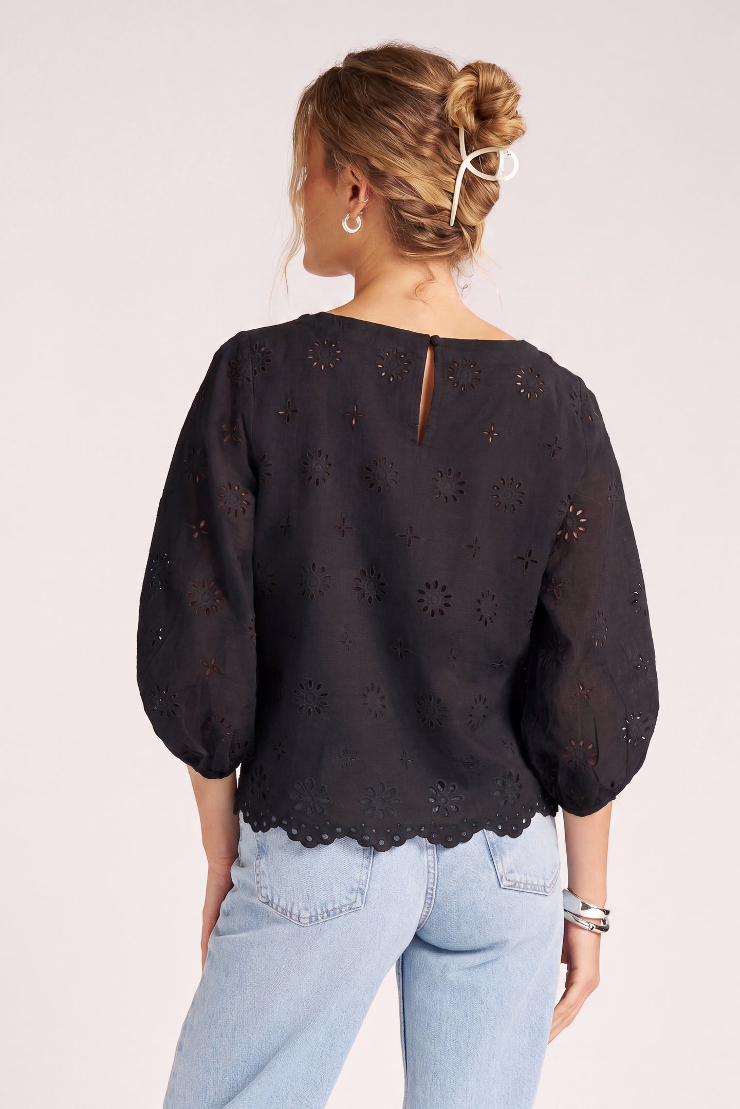 KASHIRA EYELET PUFF SLEEVE TOP - BLACK