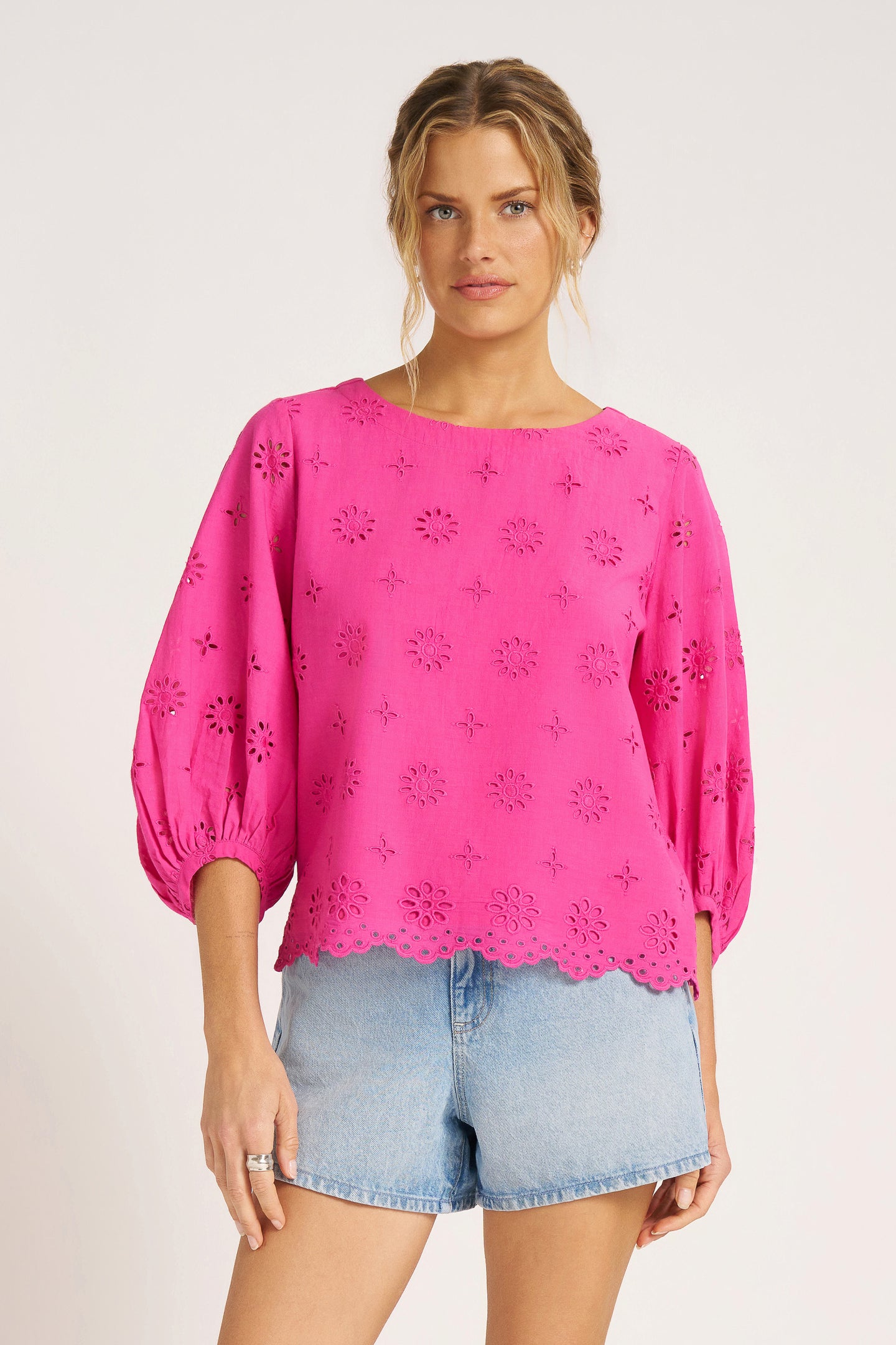 KASHIRA EYELET PUFF SLEEVE TOP - MAGENTA