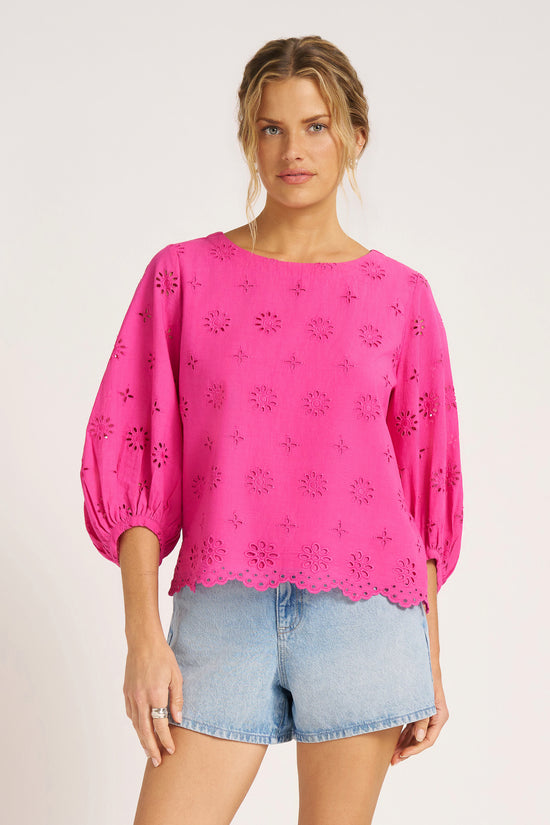 KASHIRA EYELET PUFF SLEEVE TOP - MAGENTA