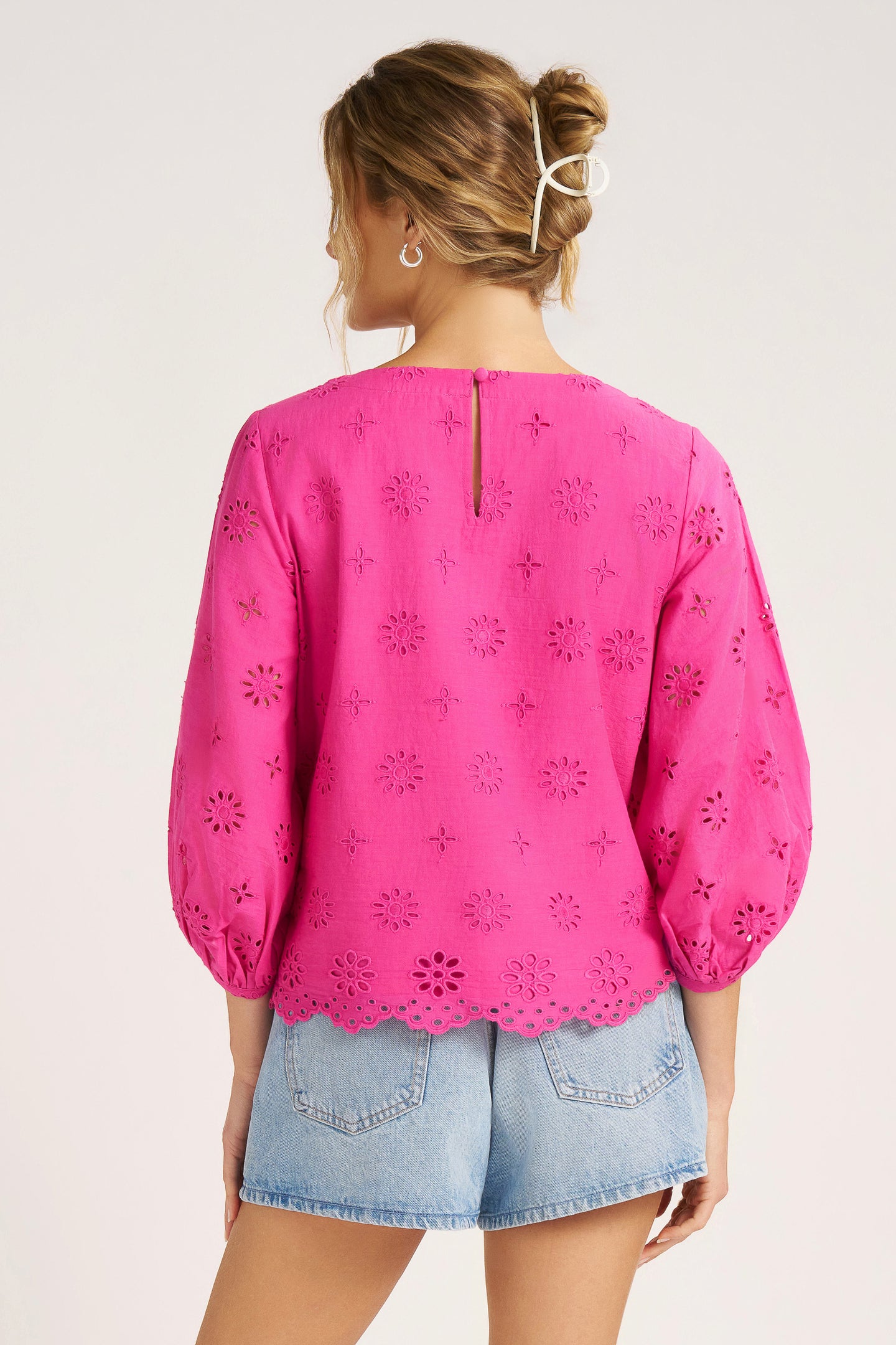 KASHIRA EYELET PUFF SLEEVE TOP - MAGENTA