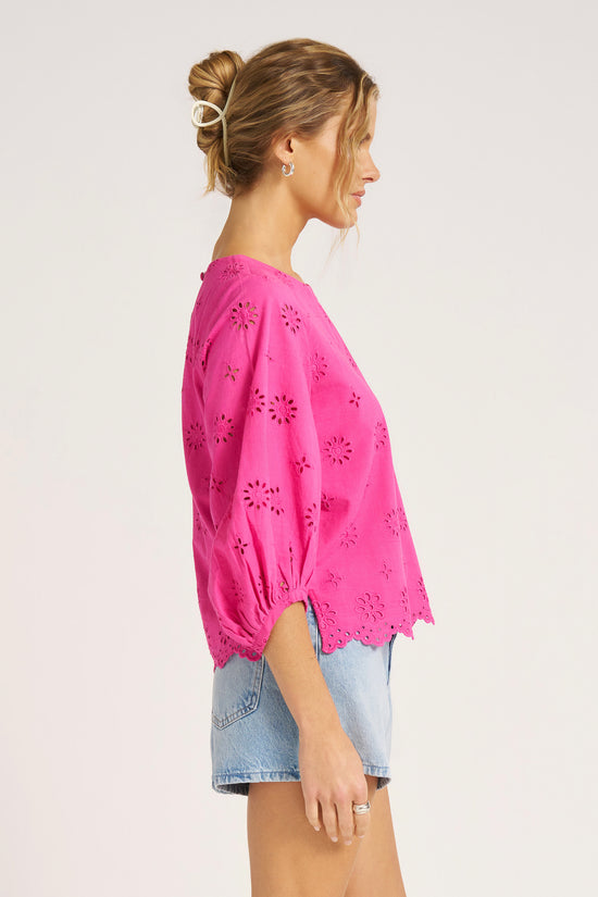 KASHIRA EYELET PUFF SLEEVE TOP - MAGENTA