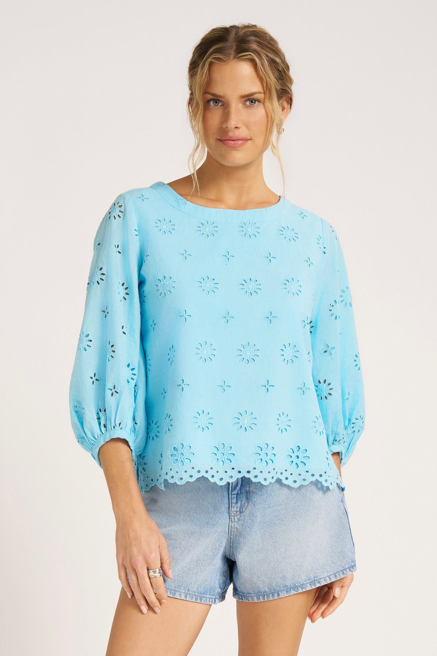 KASHIRA EYELET PUFF SLEEVE TOP - SKY