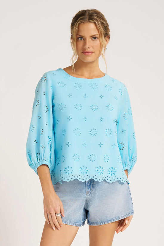 KASHIRA EYELET PUFF SLEEVE TOP - SKY