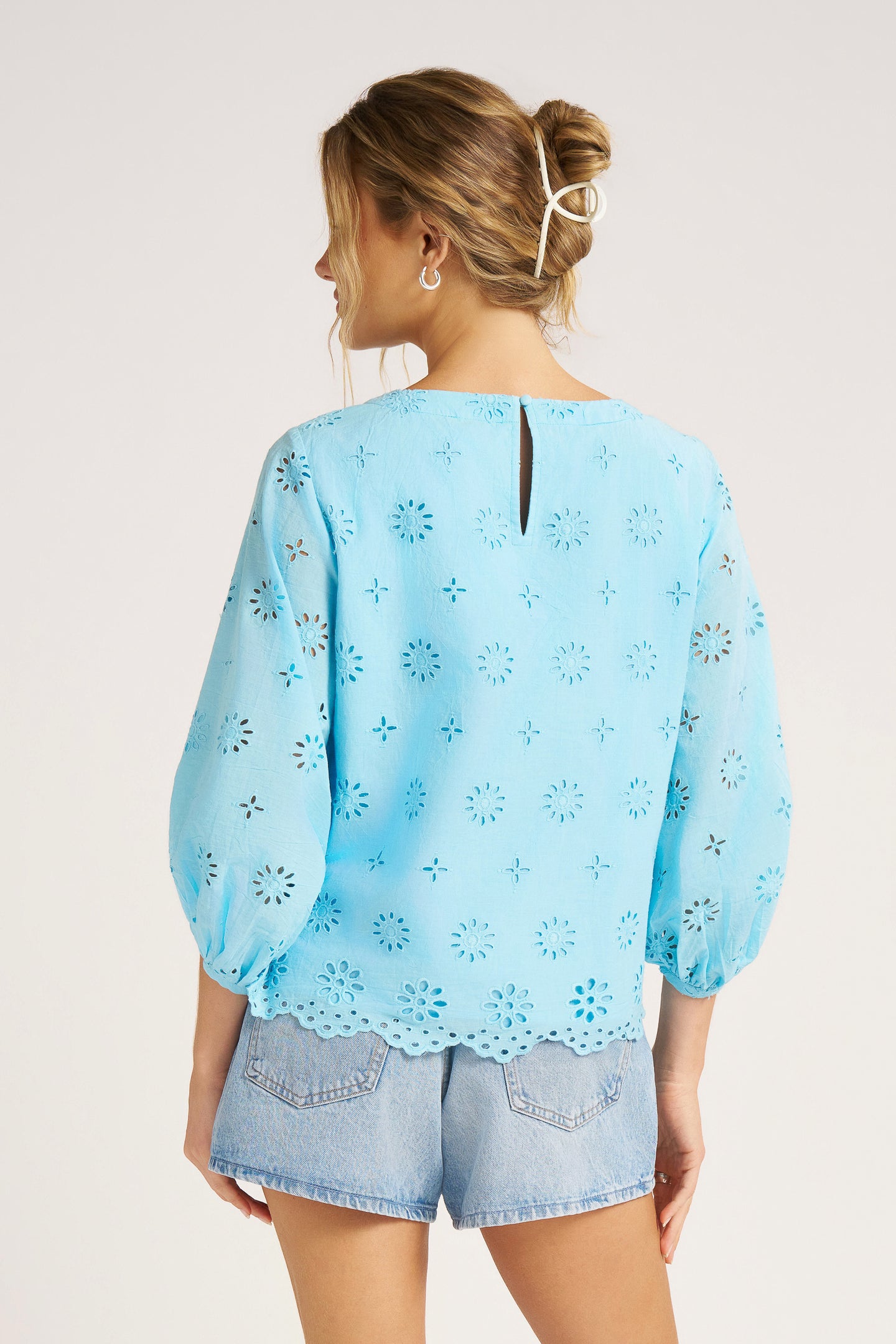 KASHIRA EYELET PUFF SLEEVE TOP - SKY