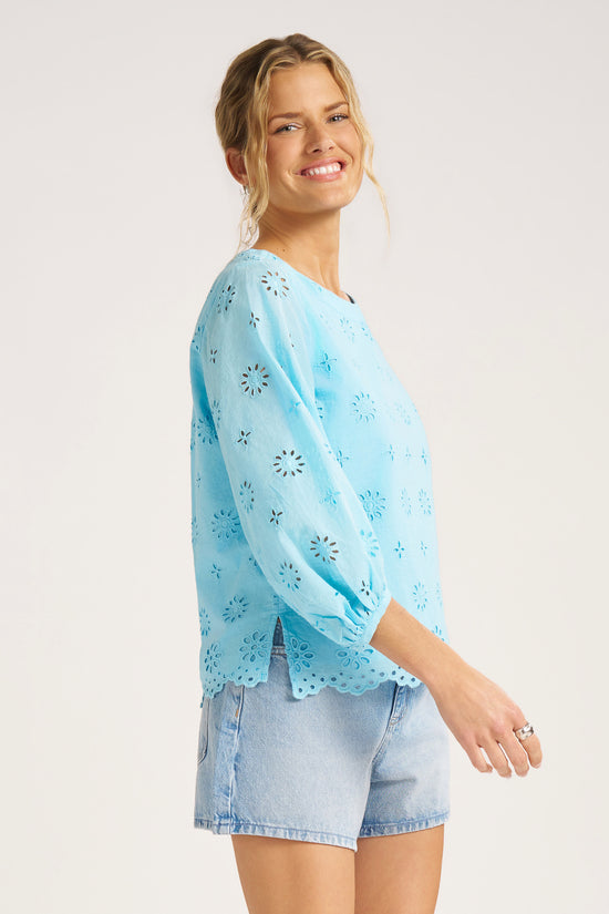KASHIRA EYELET PUFF SLEEVE TOP - SKY