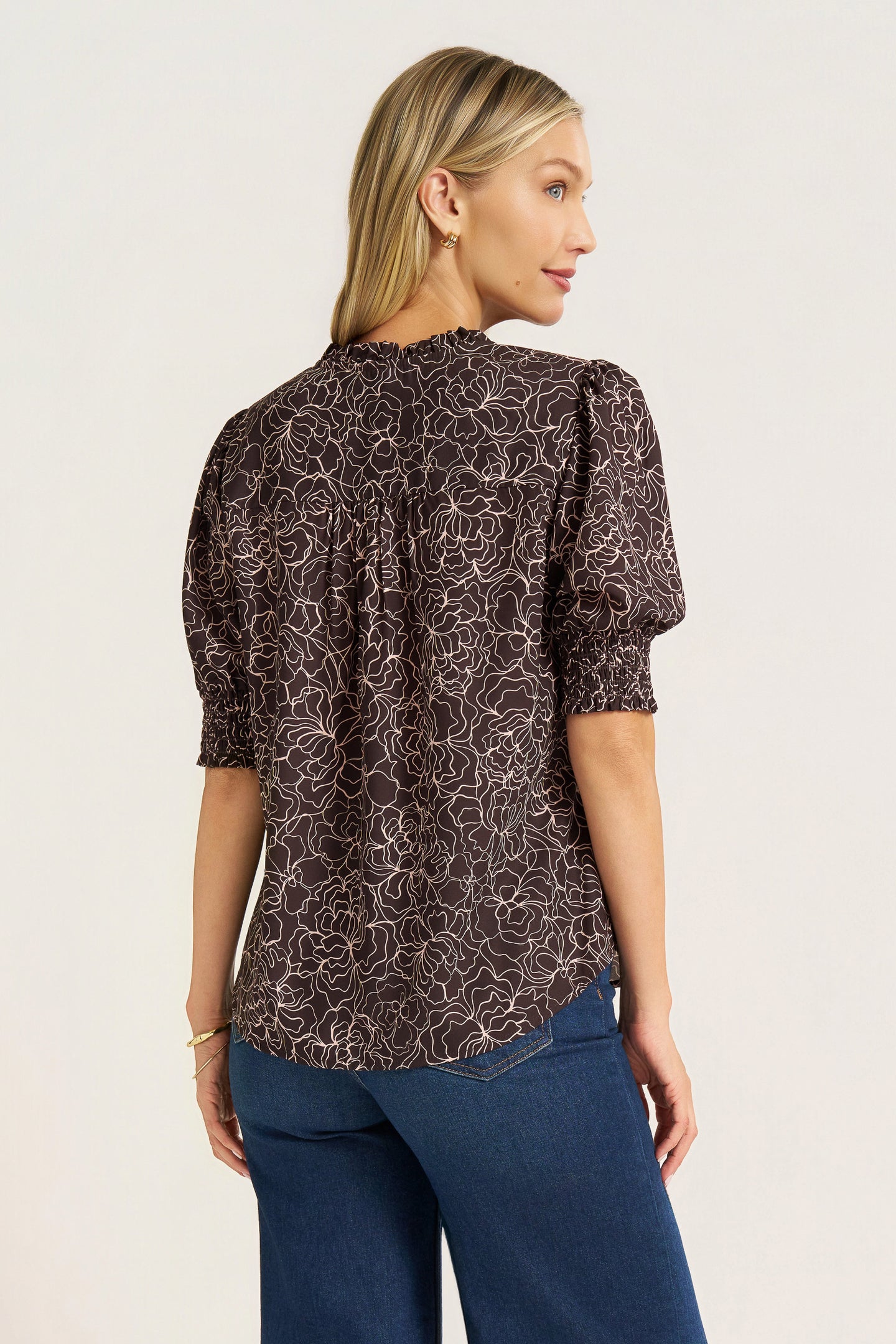 TALA ELBOW SLV PLEATED TOP - ESPRESSO/BLUSH