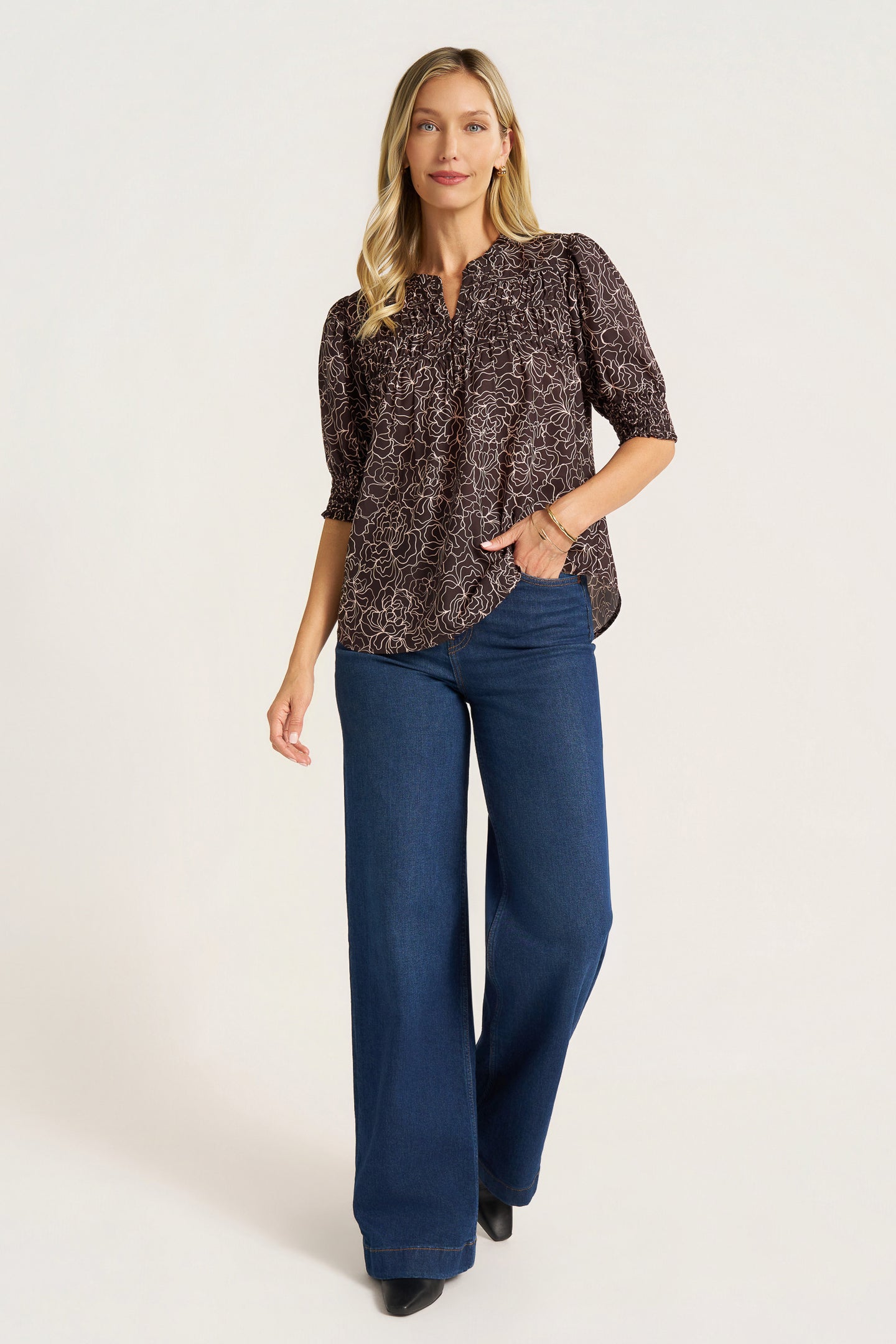 TALA ELBOW SLV PLEATED TOP - ESPRESSO/BLUSH