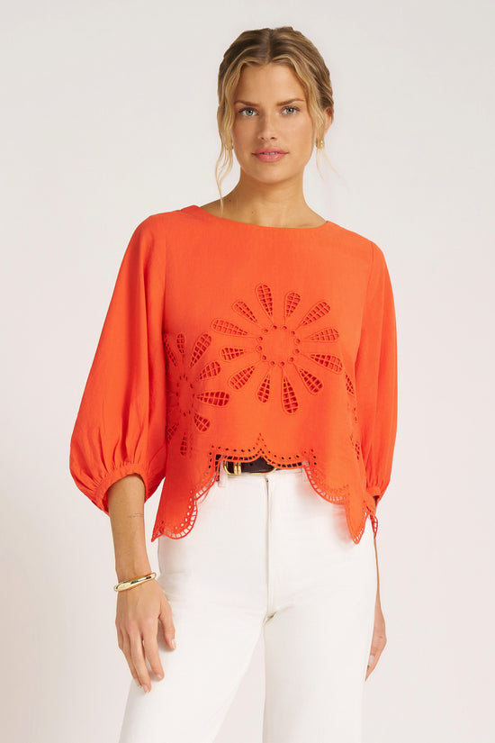 INDIE BUBBLE SLV EMBROIDERY BLOUSE - TOMATO