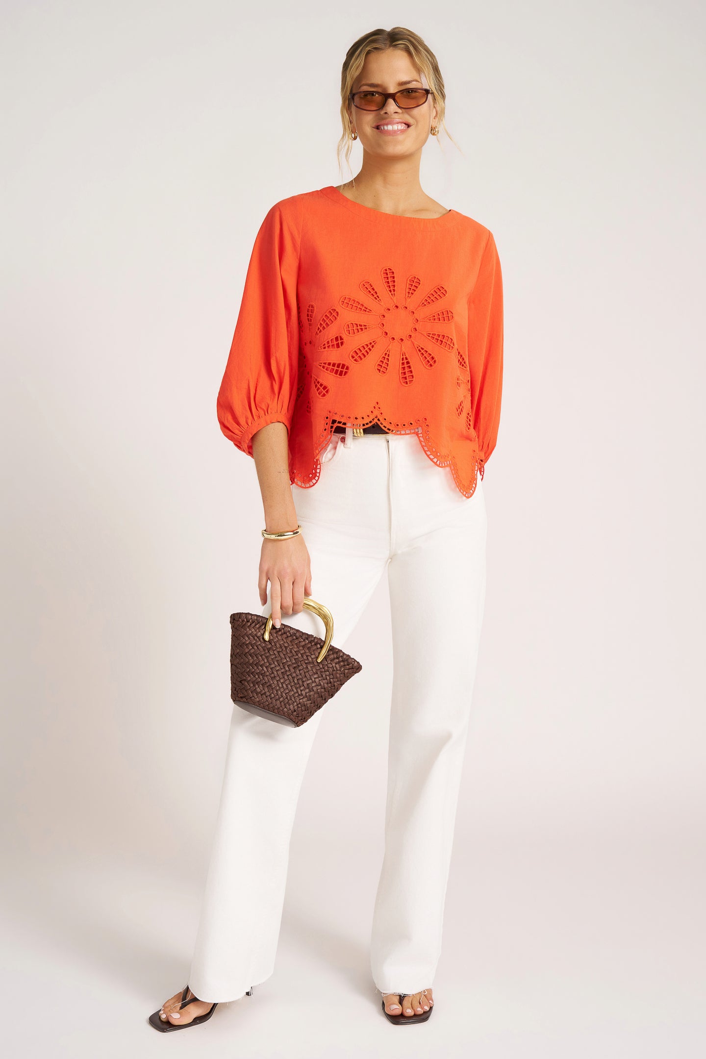 INDIE BUBBLE SLV EMBROIDERY BLOUSE - TOMATO
