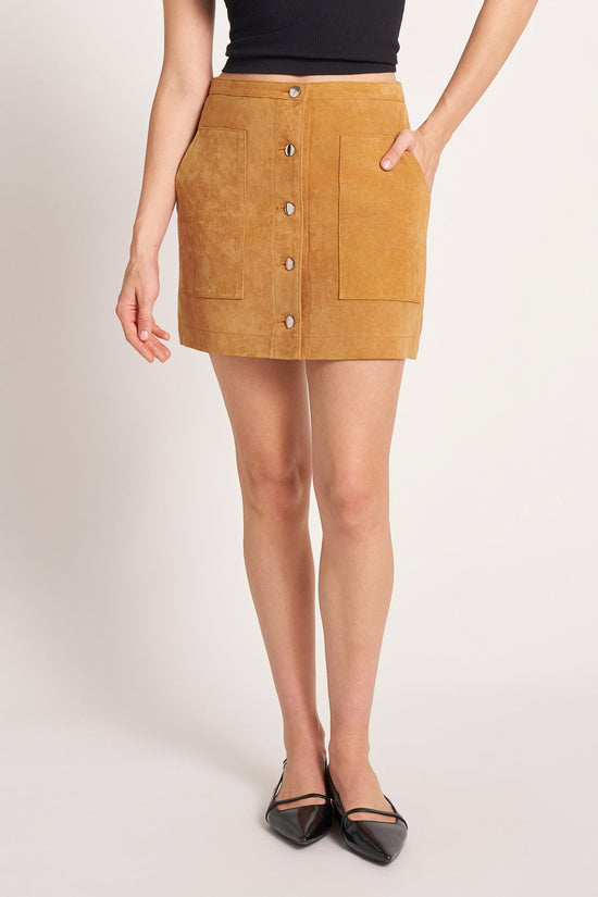 SUEDE BUTTON DOWN SKIRT - CAMEL