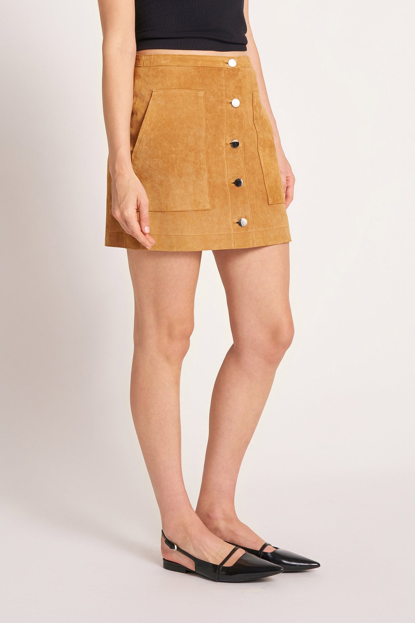 SUEDE BUTTON DOWN SKIRT - CAMEL