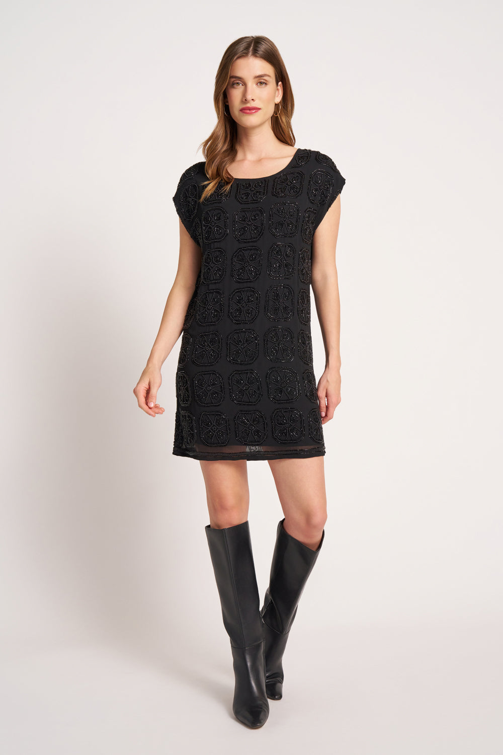 BEADED CHIFFON DRESS - BLACK