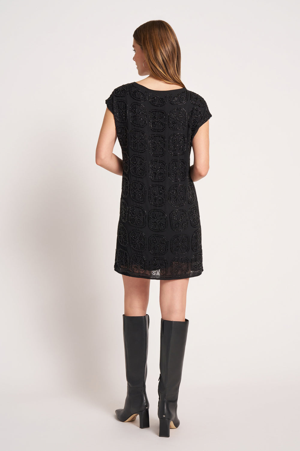 BEADED CHIFFON DRESS - BLACK