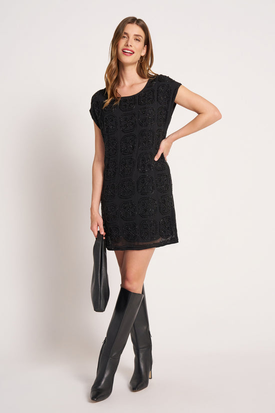BEADED CHIFFON DRESS - BLACK