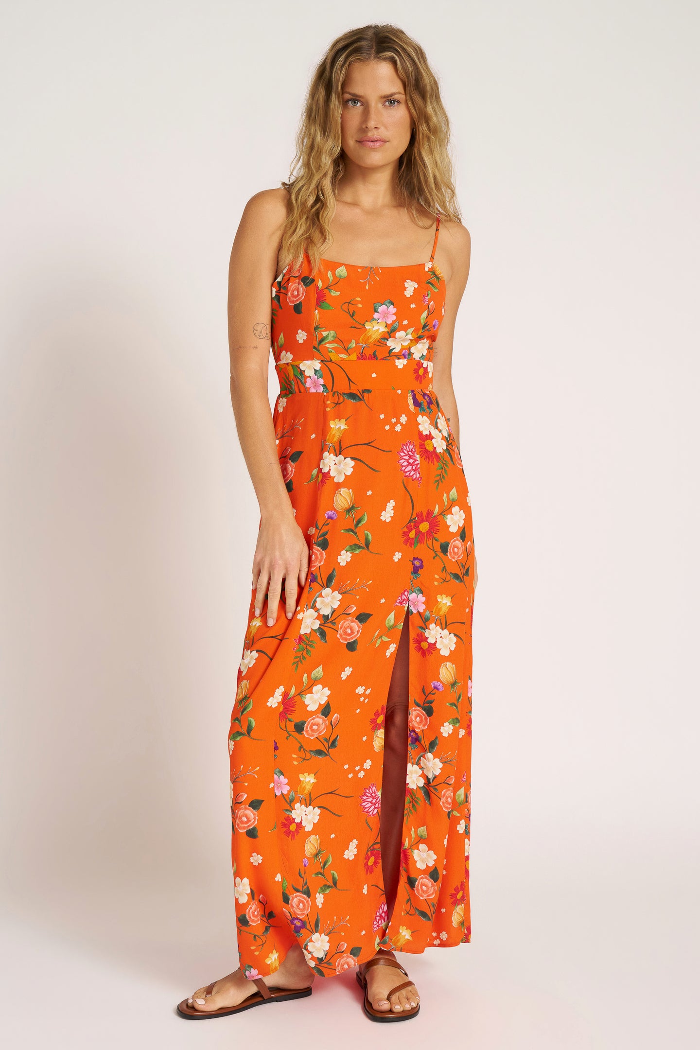 PRINTED SATIN SLIP DRESS - TANGERINE