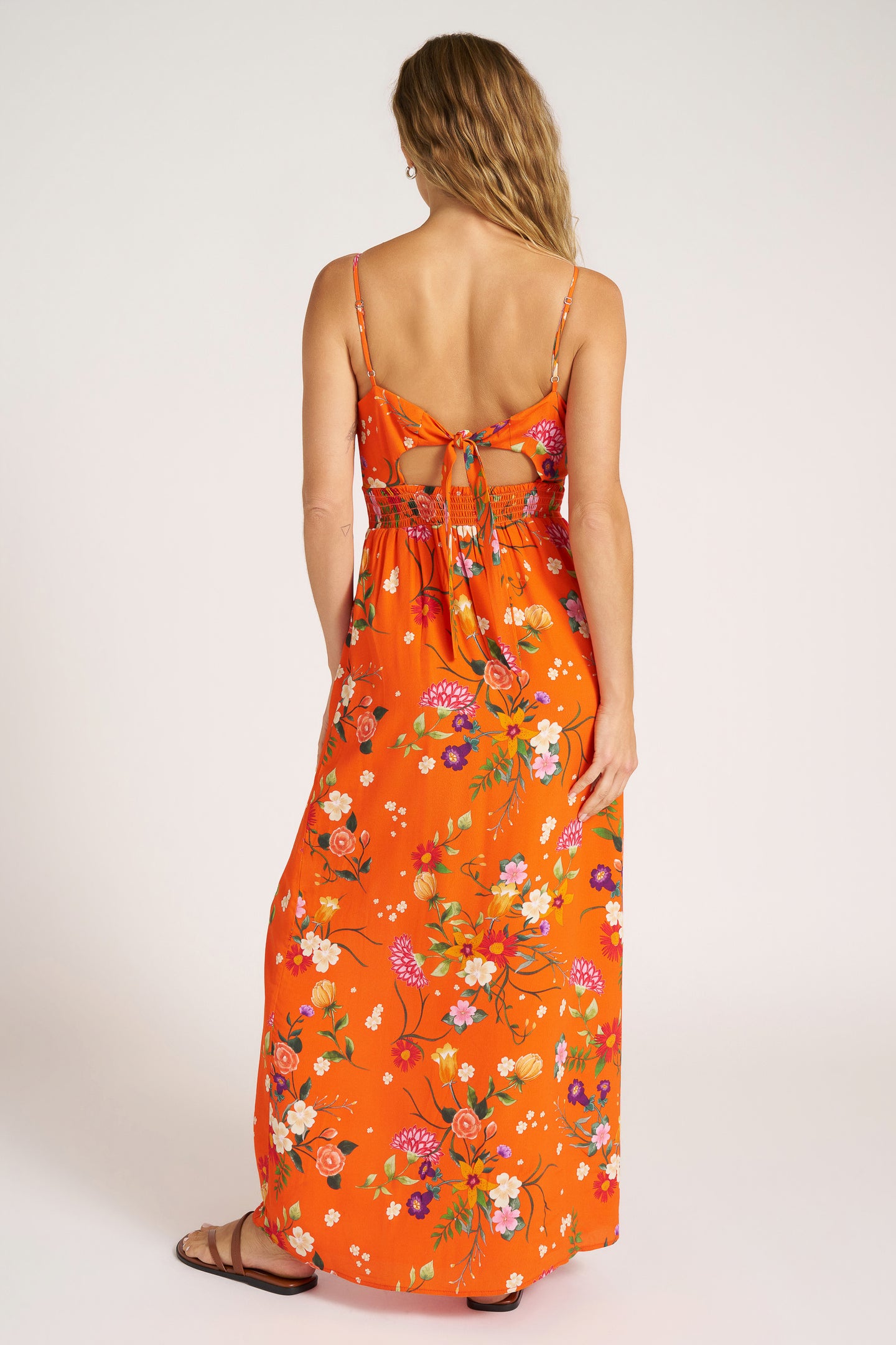PRINTED SATIN SLIP DRESS - TANGERINE