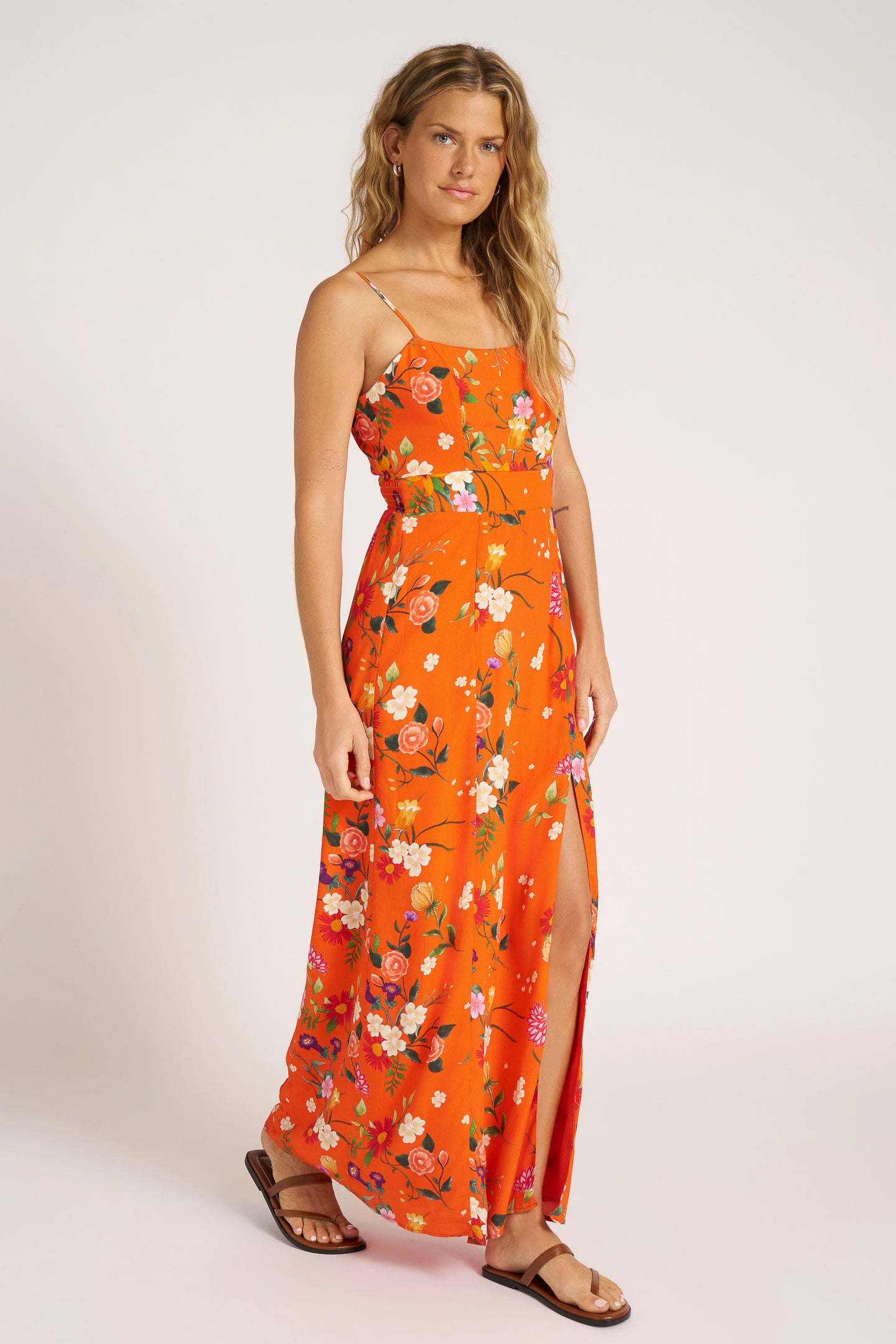 PRINTED SATIN SLIP DRESS - TANGERINE