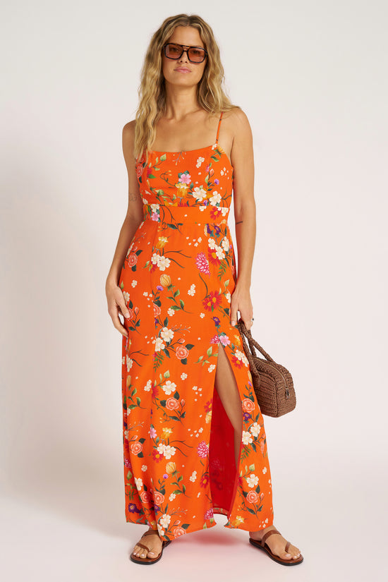 PRINTED SATIN SLIP DRESS - TANGERINE