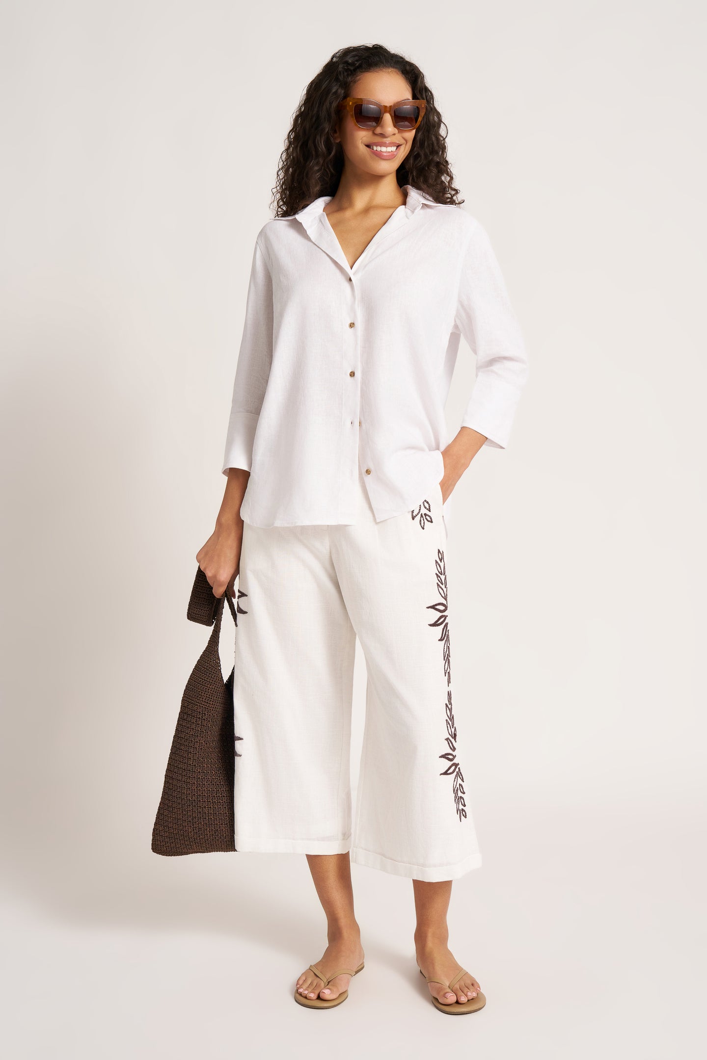 IRENI EMBROIDERED WIDE LEG - WHITE/CHOCOLATE