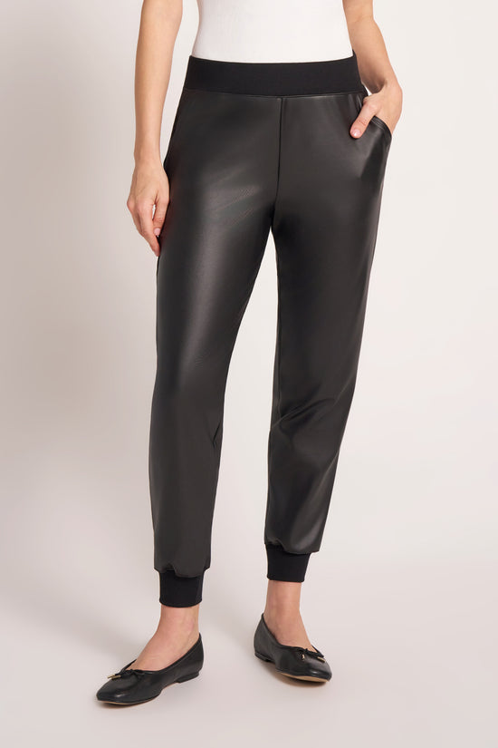 VEGAN LEATHER JOGGER W/RIB CONTRAST - BLACK