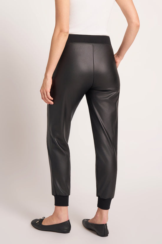 VEGAN LEATHER JOGGER W/RIB CONTRAST - BLACK