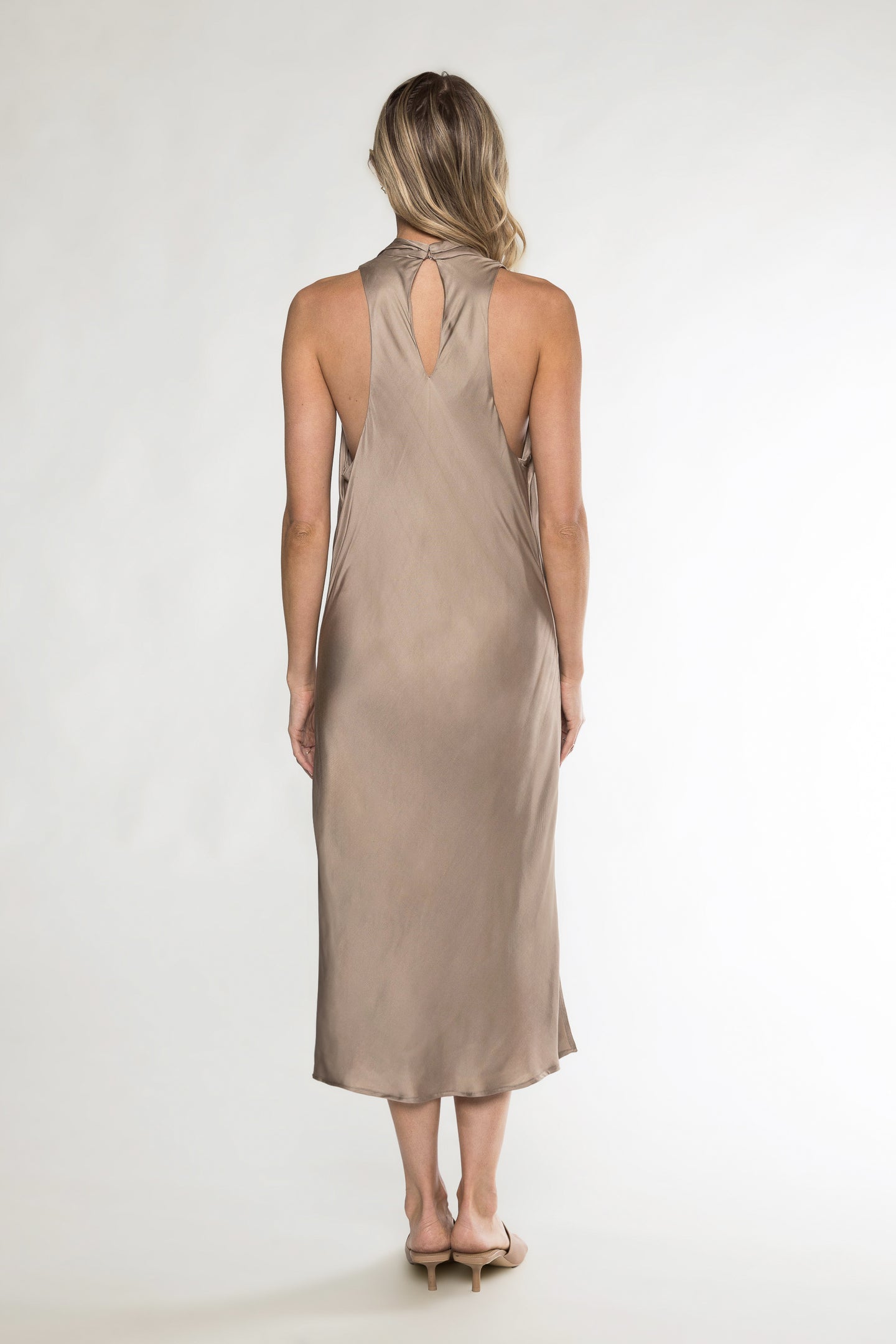 GROTTO COWL NECK MIDI DRESS - MOCHA