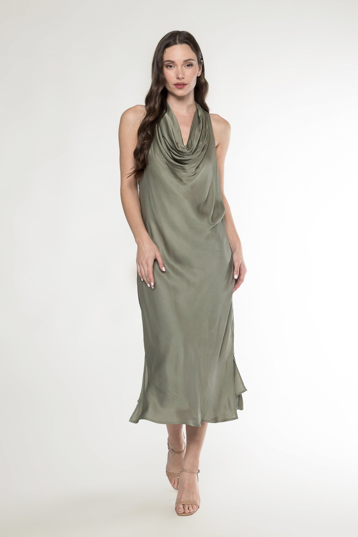 GROTTO COWL NECK MIDI DRESS - OLIVE