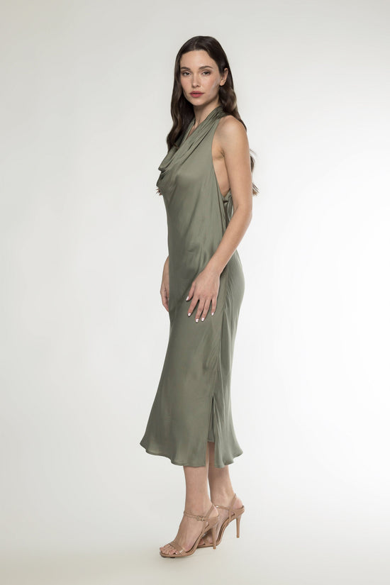 GROTTO COWL NECK MIDI DRESS - OLIVE