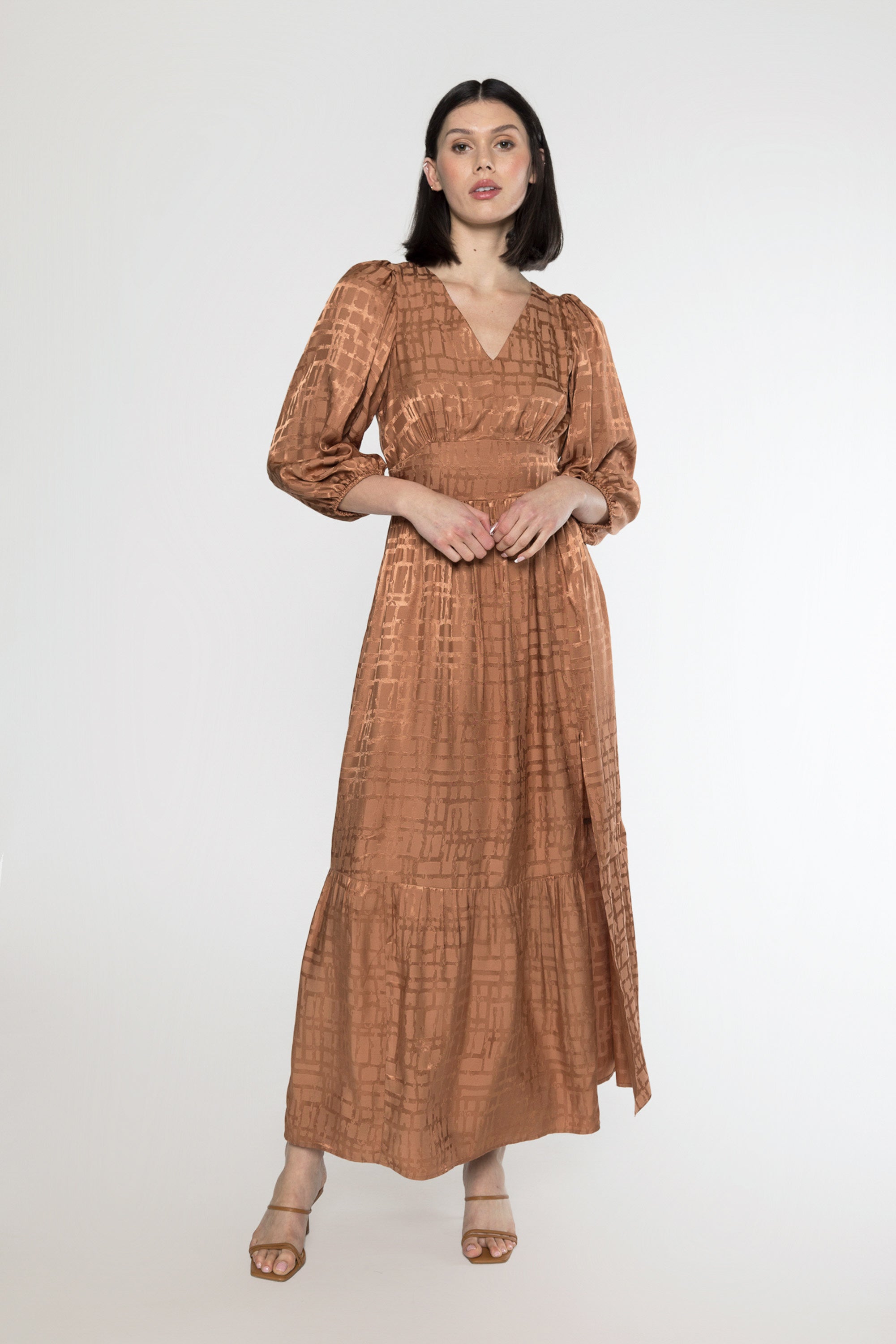 JENSEN SATIN JACQUARD DRESS - RUST