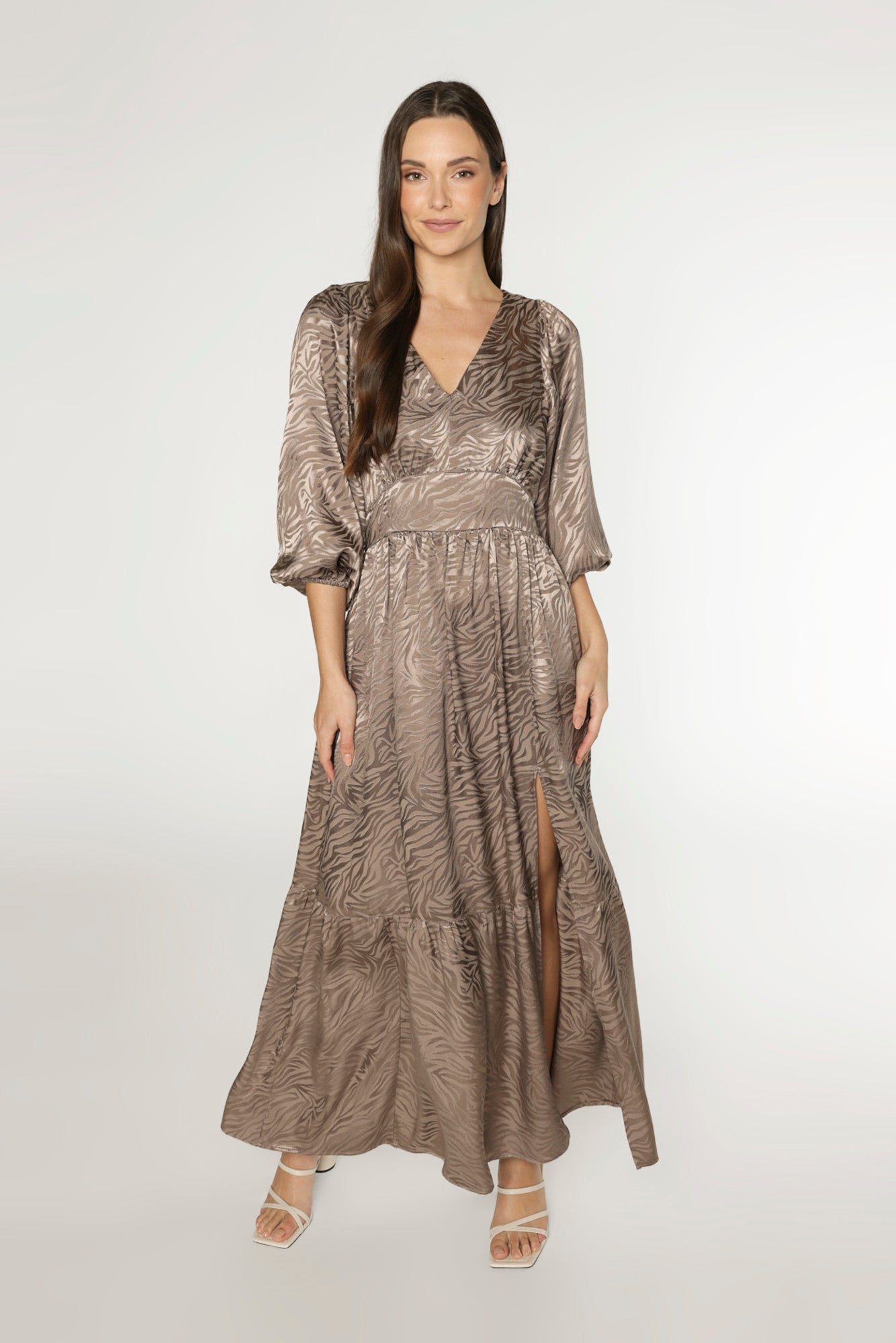 JENSEN SATIN JACQUARD DRESS - MOCHA