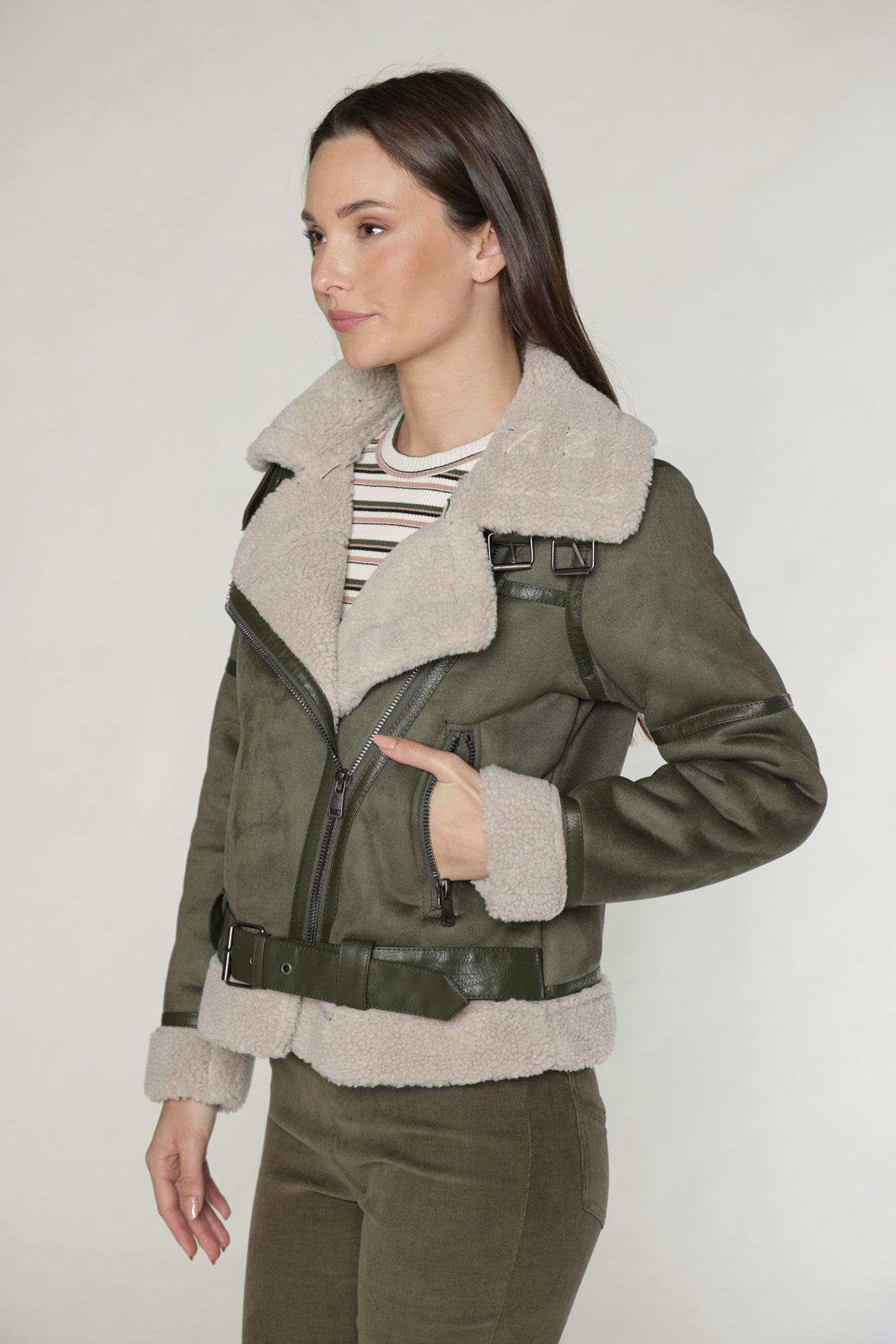 MARIA BELTED SUEDE JACKET - OLIVE