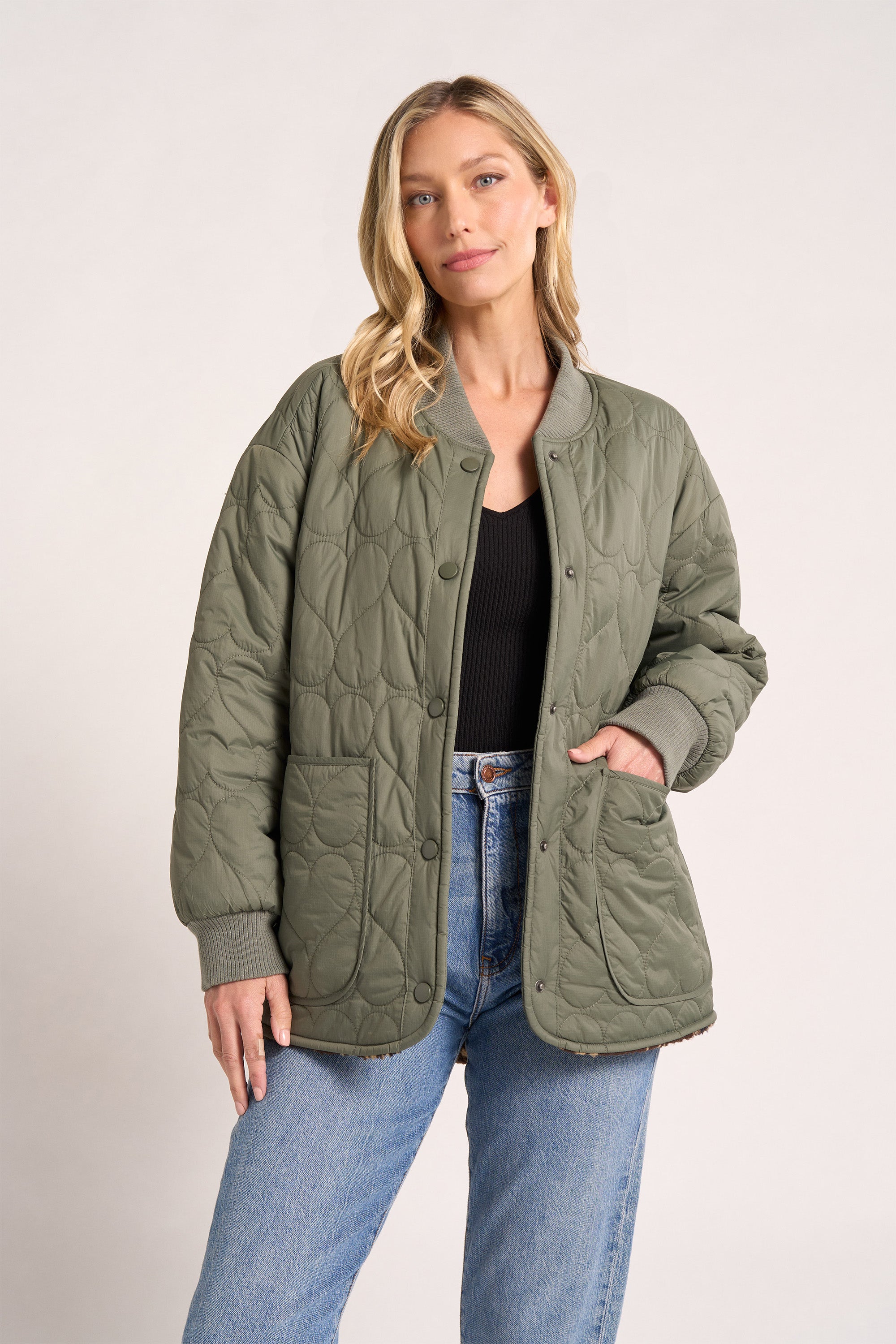 HEART EMB BOMBER JACKET - SAGE